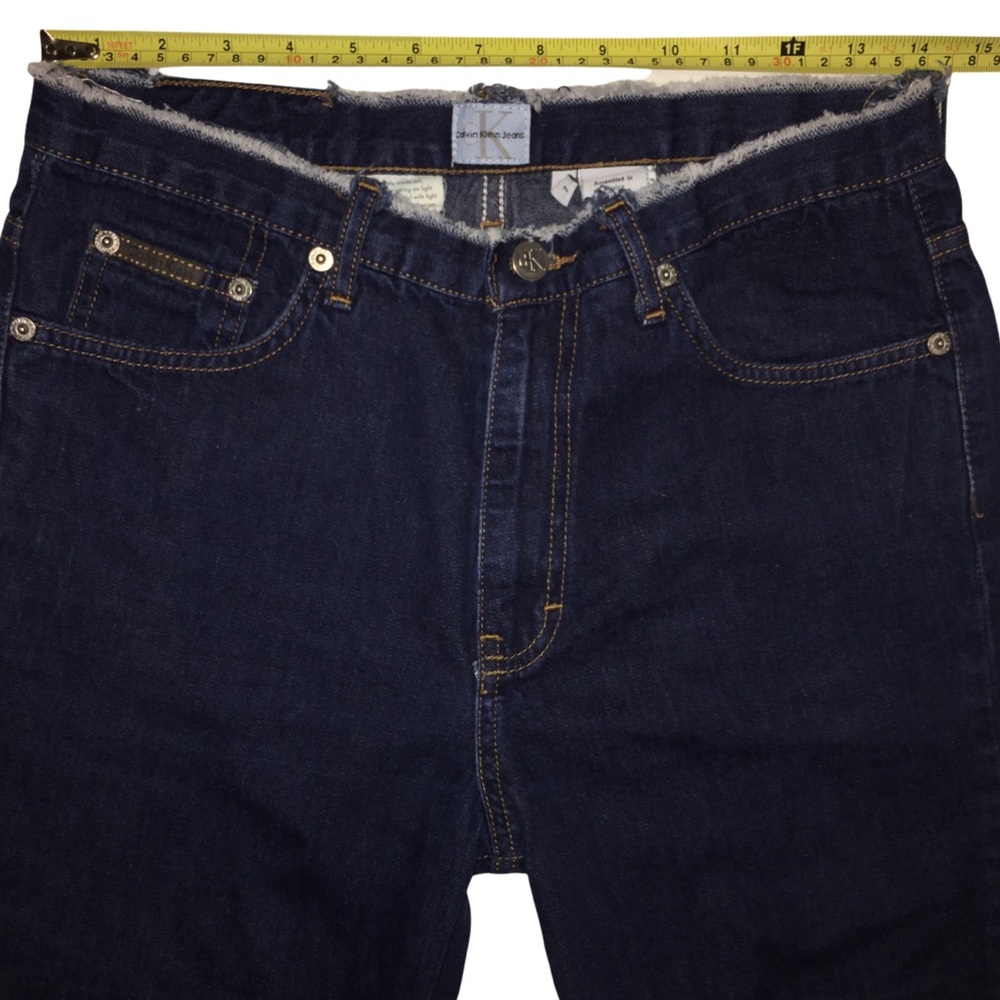 Highrise Flare Jeans, Distressed Denim, Frayed Waist/Hem, Dark Calvin Klein Sz 7 - Picture 11 of 13